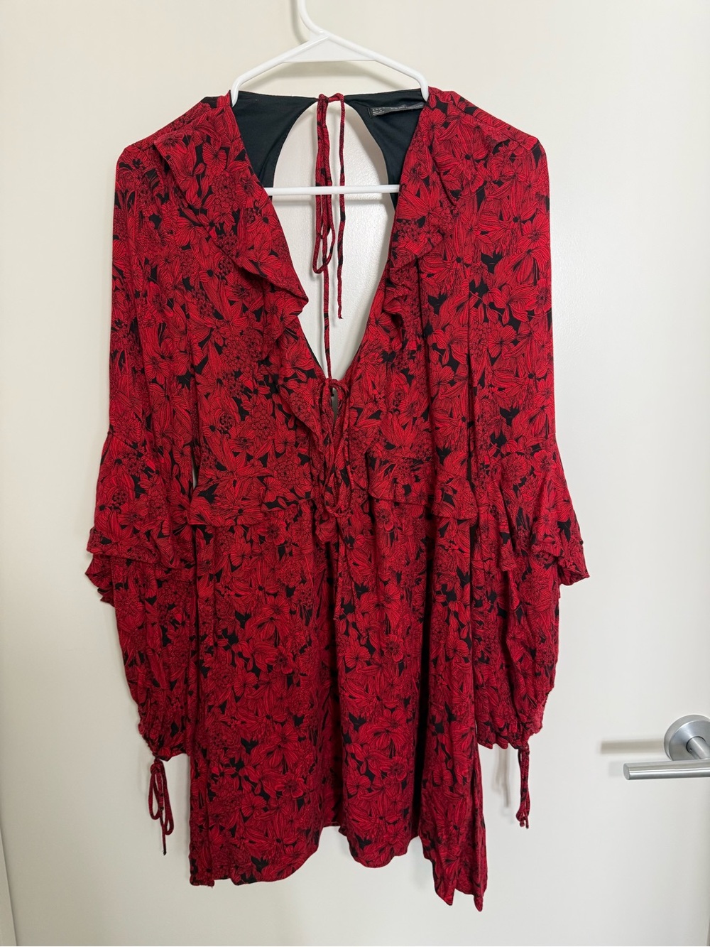 Zara Red Floral Tie-Back Ruffle Tunic